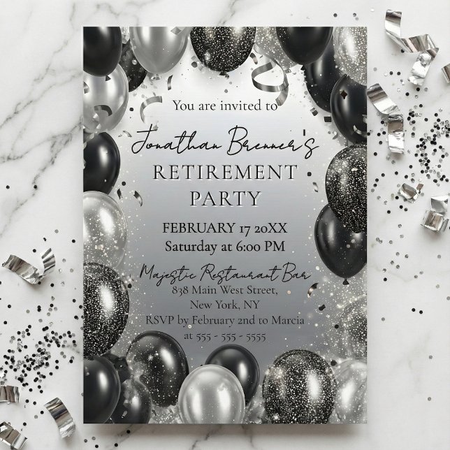 Invitation Elegant Black Silver Balloons Retirement Party (Créateur téléchargé)