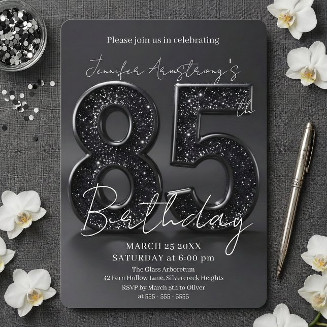 Invitation Elegant Black Silver Glitter 85th Birthday Party (Créateur téléchargé)