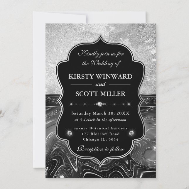 Invitation Elegant Black & Silver Glitter Wedding (Devant)