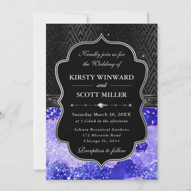 Invitation Elegant Black Silver Purple Agate Glitter Wedding (Devant)