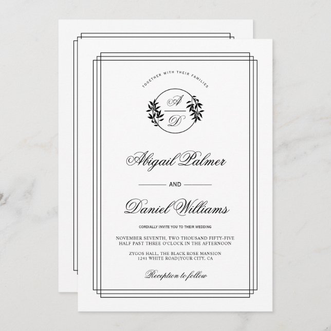 Invitation Elegant black, white branch and QR code wedding (Devant / Derrière)