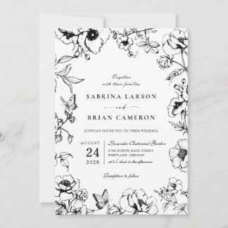 Invitation Elegant Black | White Floral Garden Wedding Photo