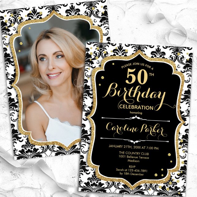 Invitation Elégant Black White Gold Photo 50e anniversaire (Créateur téléchargé)