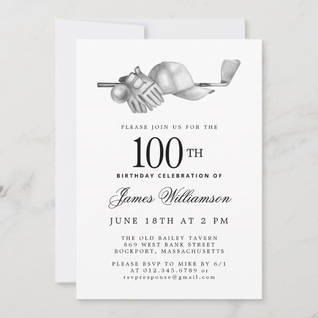 Invitation Elégant Black White Golf 100e fête d'anniversaire (Devant)