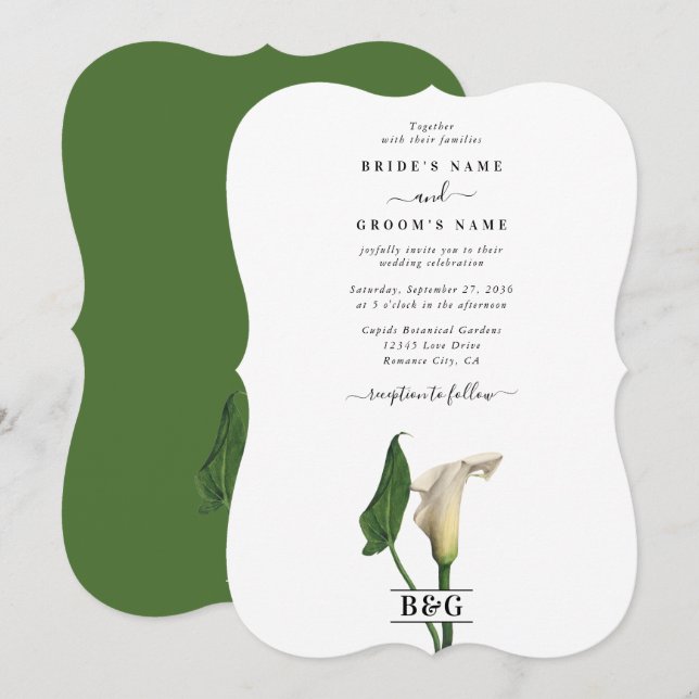 Invitation Elégant blanc Calla Lily Vert Mariage botanique (Devant / Derrière)