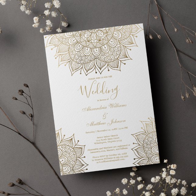 Invitation Elégant blanc chic Mariage de mandala floral or (Elegant white chic gold floral mandala Wedding )
