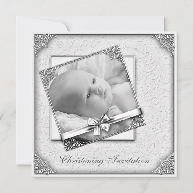 Invitation Élégant blanc Damas photo Christening (Devant)