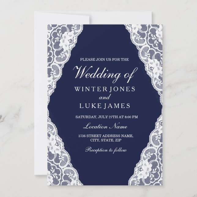 Invitation Elégant blanc dentelle marine bleu mariage Invitat (Devant)
