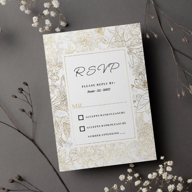 Invitation Elégant blanc doré gris marbre floral RSVP (Elegant white gold gray marble floral RSVP)