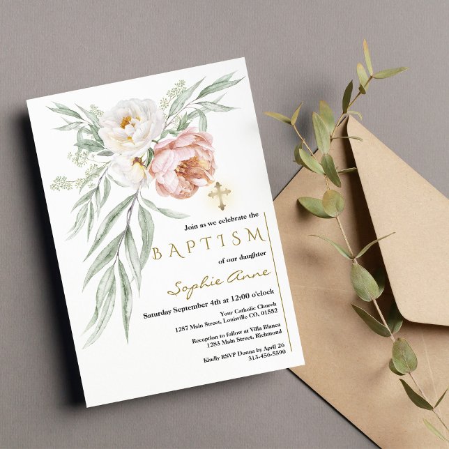 Invitation Elégant blanc Dusty Rose Fleurs Bouquet Baptême (Créateur téléchargé)