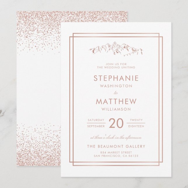 Invitation Élégant blanc et Rose Mariage Gold Mountain (Devant / Derrière)