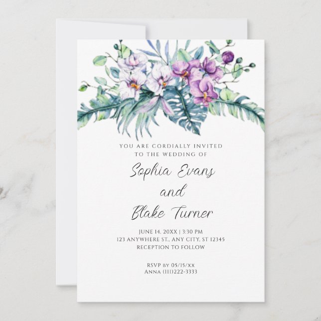 Invitation Élégant blanc et violet Mariage blanc (Devant)