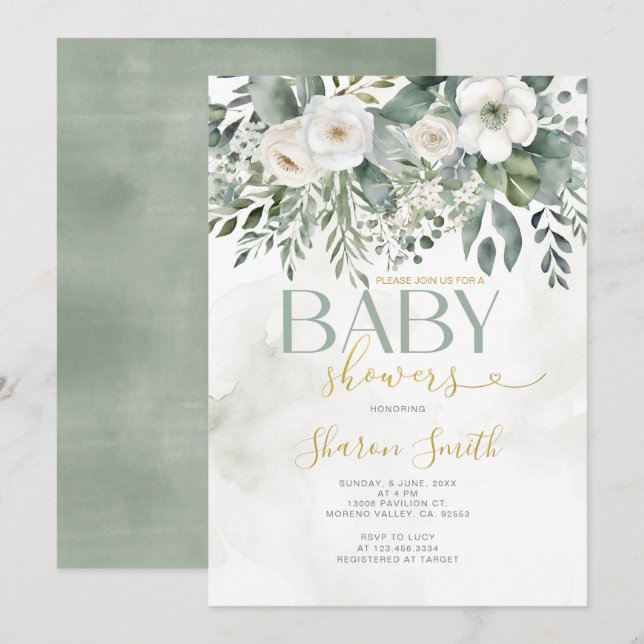 Invitation Elégant blanc Eucalyptus Floral Girl Baby shower (Devant / Derrière)