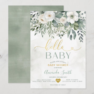 Invitation Elégant blanc Eucalyptus Floral Hello Baby shower
