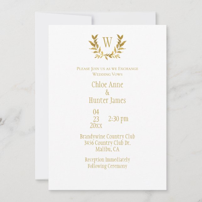 Invitation Elégant blanc feuille or Mariage chic Monogramme (Devant)