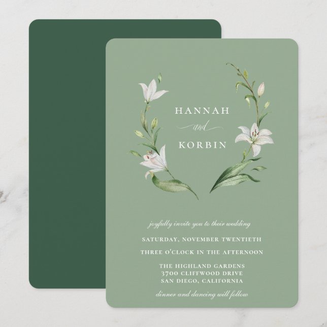 Invitation Élégant blanc fleuri couronne Mariage vert Sage (Devant / Derrière)