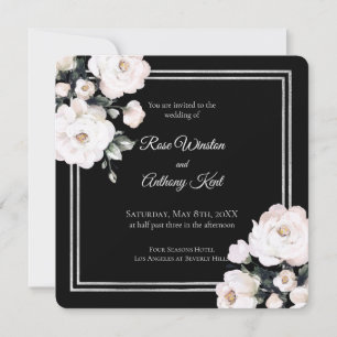 Invitation Elégant blanc Floral Argent Frame Mariage noir