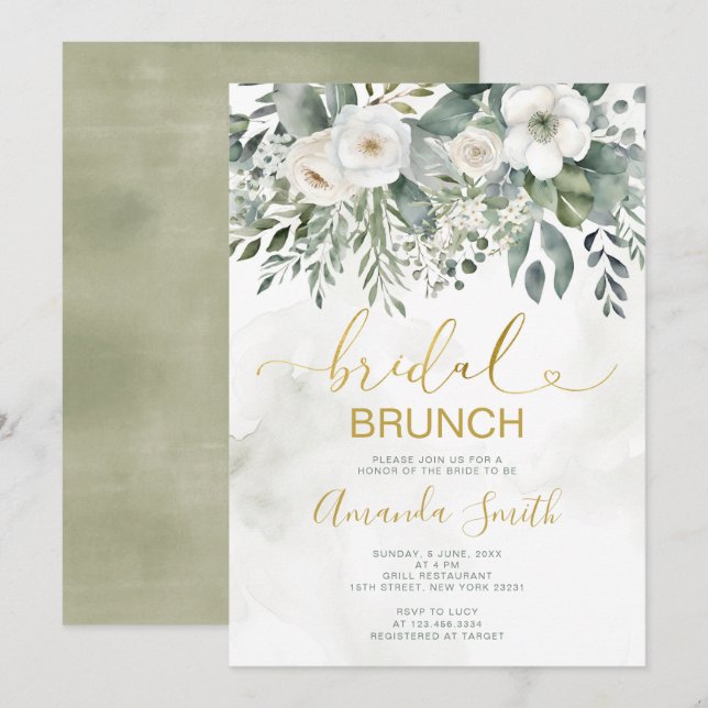 Invitation Elégant Blanc Floral Bridal Brunch Douche Or (Devant / Derrière)
