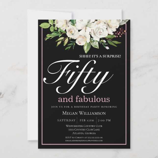 Invitation Elégant blanc floral cinquante et fabuleux anniver (Devant)