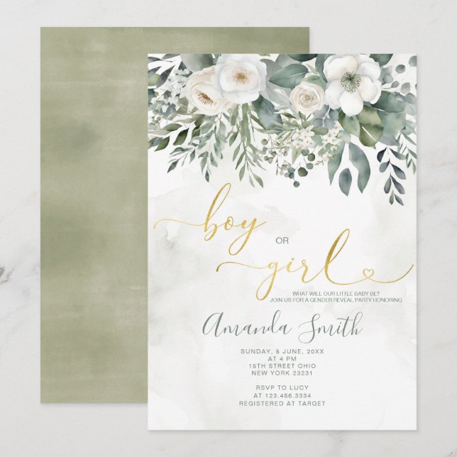 Invitation Elégant Blanc Floral Garçon ou Fille Genre Révéler (Devant / Derrière)