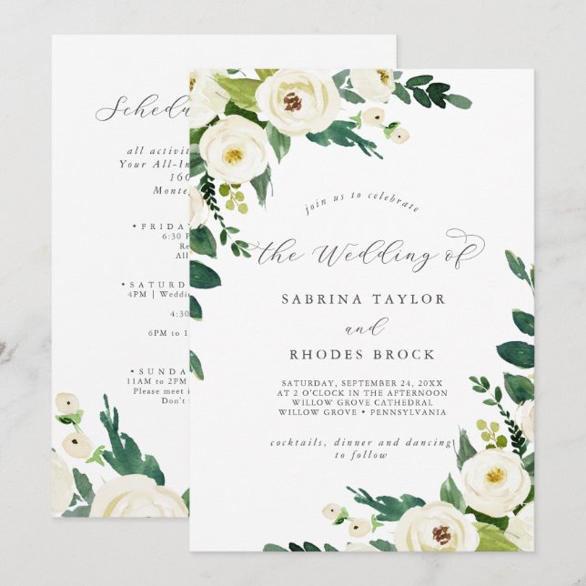 Invitation Elégant blanc Floral Horaire des événements Mariag (Devant / Derrière)