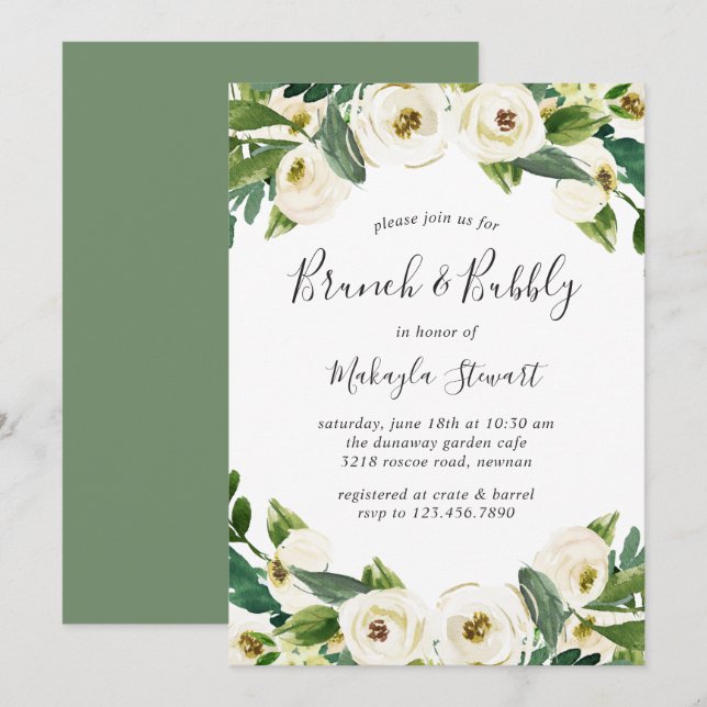 Invitation Elégant Blanc Floral verdure Brunch et Bubbly (Devant / Derrière)