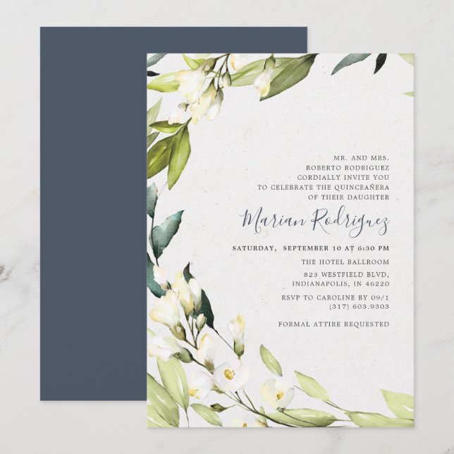 Invitation Elégant Blanc Floral Verdure Wreath Quinceañera (Devant / Derrière)