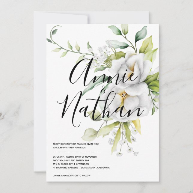 Invitation Élégant blanc floral vert Feuille Script Mariage (Devant)