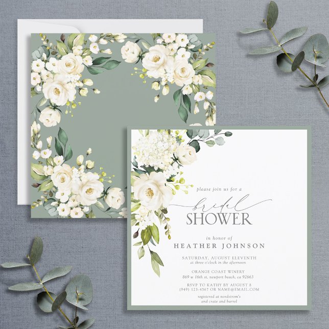 Invitation Elégant blanc gris vert Aquarelle Couples Douche (Créateur téléchargé)