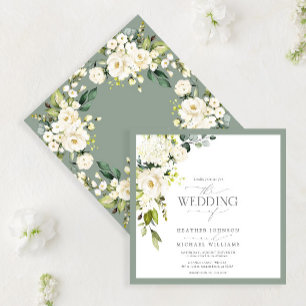 Invitation Élégant blanc gris vert vert floral Aquarelle Scri