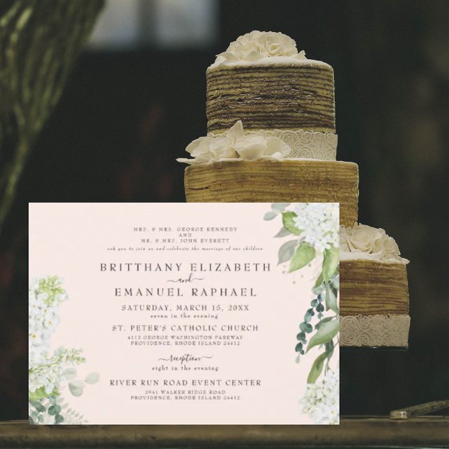 Invitation Élégant blanc Hydrangée Blush Les deux parents Mar (Créateur téléchargé)