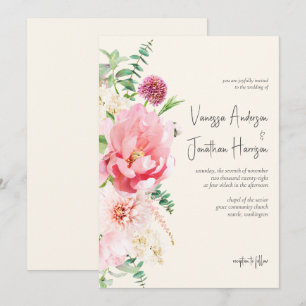 Invitation Élégant blanc ivoire rose floral Script