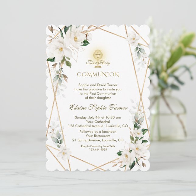 Invitation Élégant blanc Magnolia Or Première Communion saint (Debout devant)