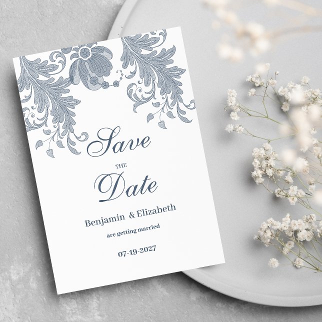 Invitation Elégant blanc mauve bleu floral Enregistrer la dat (Stylish white mauve blue floral Save the Date)