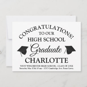 Invitation Élégant blanc noir de script personnalisé graduati