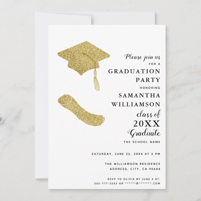 Invitation Elégant Blanc Noir Gold Grad photo Graduation (Devant)