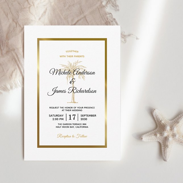 Invitation Elégant blanc Noir Palm Tree Mariage moderne (Créateur téléchargé)