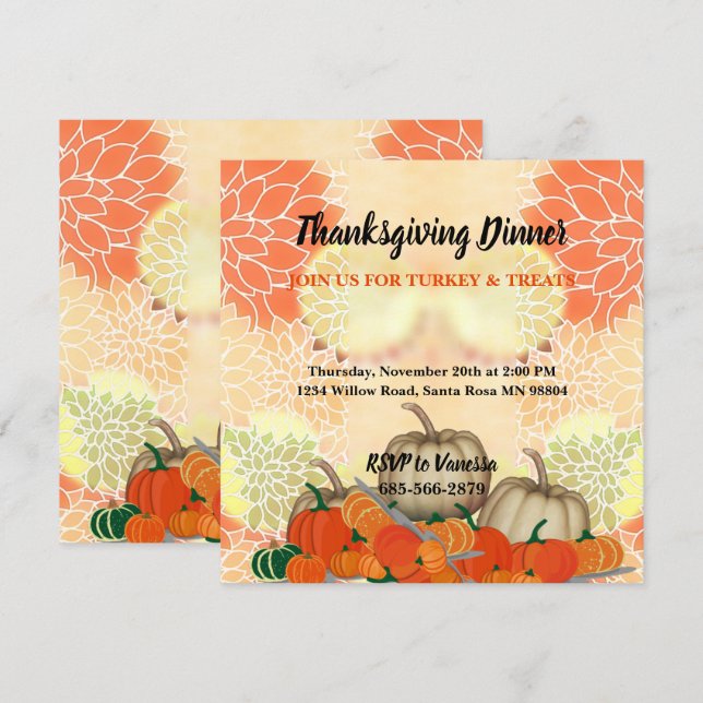 Invitation Elégant Blanc Orange Citrouilles Chute Thanksgivin (Devant / Derrière)