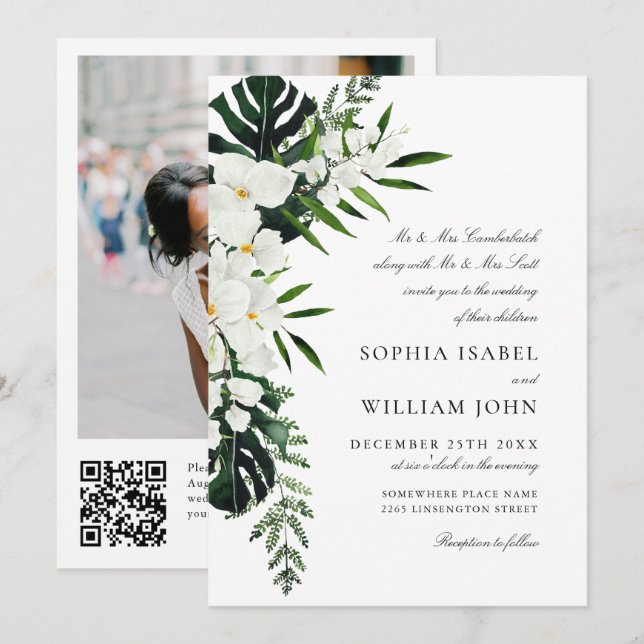 Invitation Elégant blanc Orchidées Bohème Mariage de verdure (Devant / Derrière)