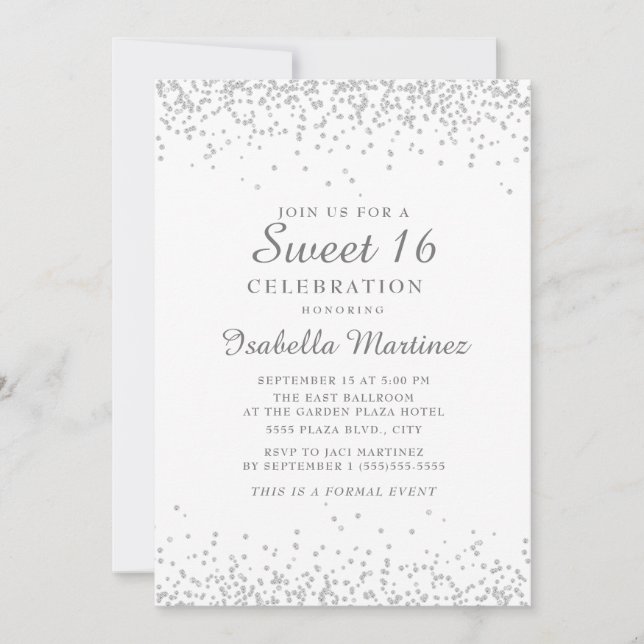 Invitation Elégant blanc Parties scintillant argent doux 16 (Devant)