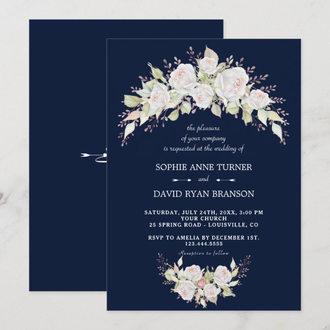 Invitation Elégant blanc rose Roses Mariage bleu marine (Devant / Derrière)