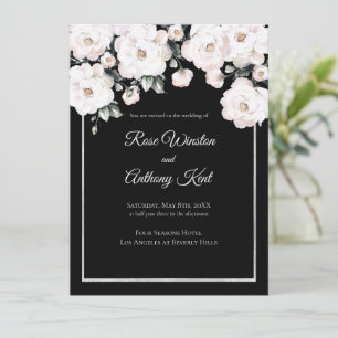 Invitation Elégant blanc Roses Argent Frame Black Mariage