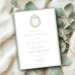Invitation Élégant blanc & Sage Green Crest Mariage Monogramm