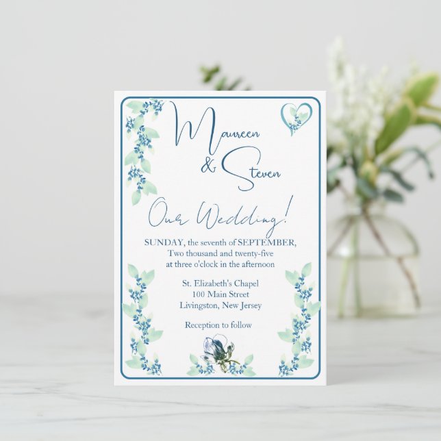 Invitation Elégant blanc, vert menthe et Mariage floral bleu (Debout devant)