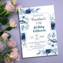 Elégant bleu 17ème anniversaire tonalités florales
