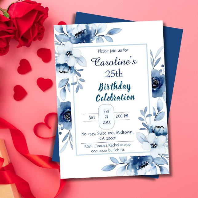Invitation Elégant bleu 25e anniversaire tonalités florales d (Créateur téléchargé)