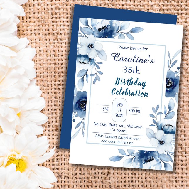 Invitation Elégant bleu 35ème anniversaire tonalités florales (Créateur téléchargé)