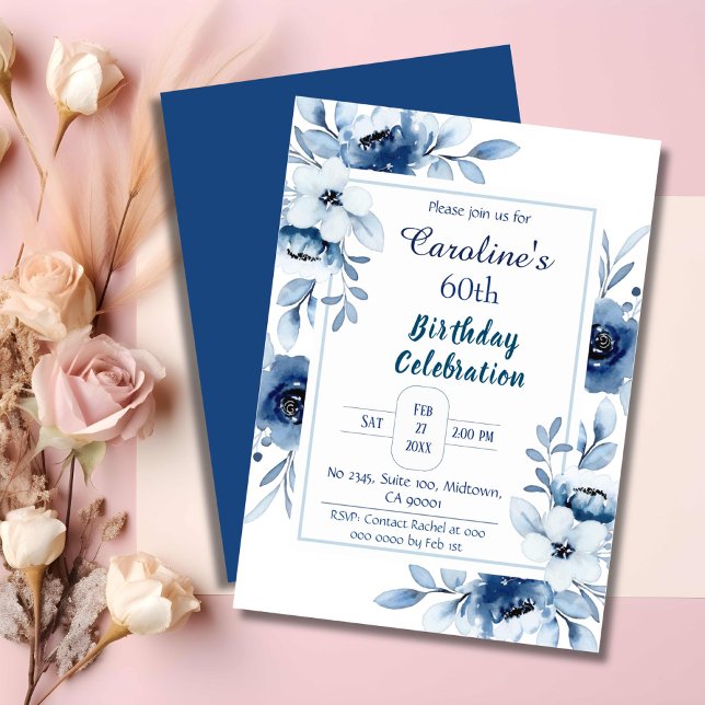 Invitation Elégant bleu 60e anniversaire tonalités florales d (Créateur téléchargé)