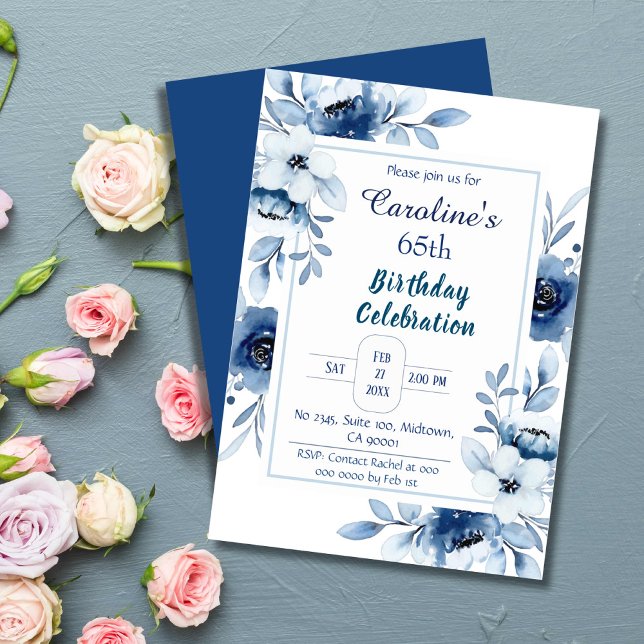 Invitation Elégant bleu 65ème anniversaire tonalités florales (Créateur téléchargé)