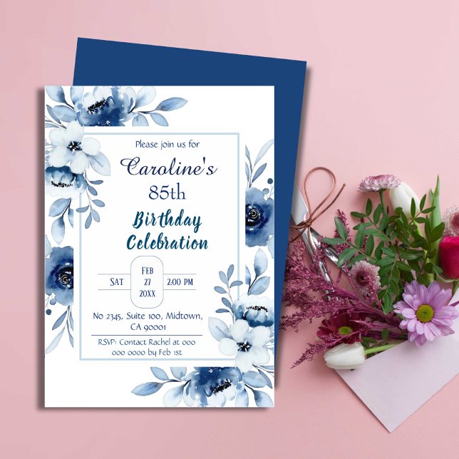 Invitation Elégant bleu 85ème anniversaire tonalités florales (Front/Back )